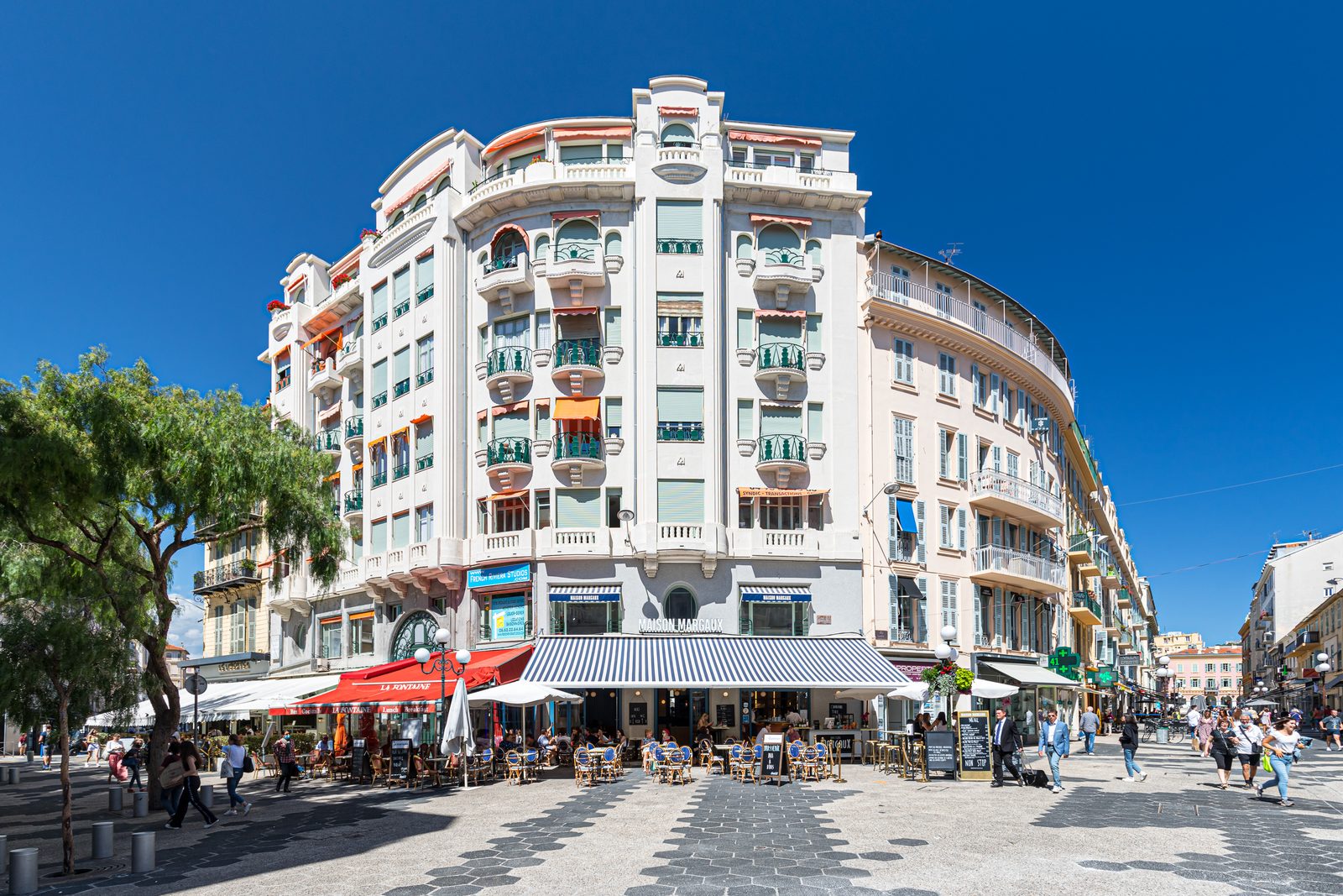 Art Deco building with rounded balconies on place Grimaldi, in the Carré d’Or in Nice