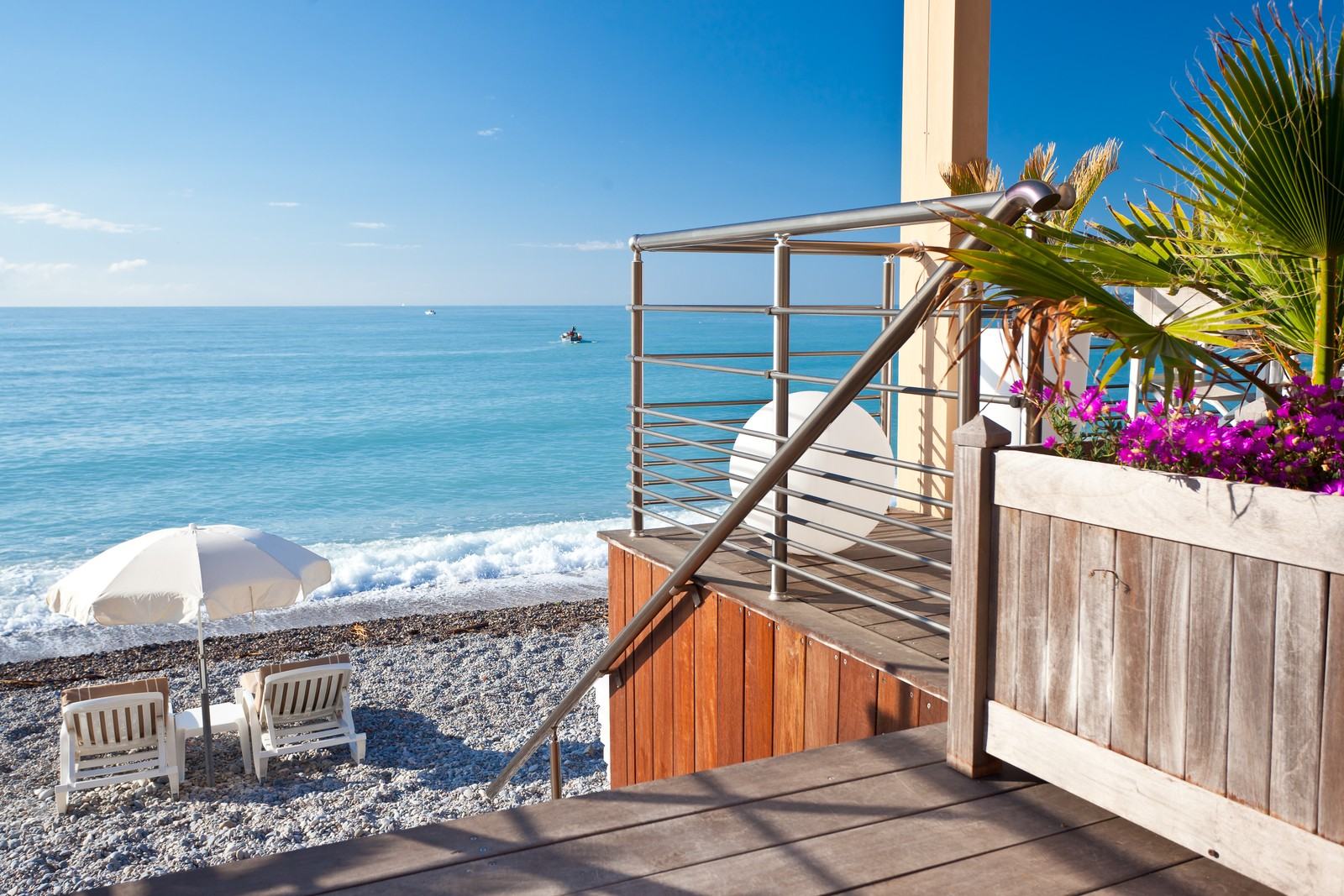Terrace of a beach on the Promenade des Anglais facing the sea